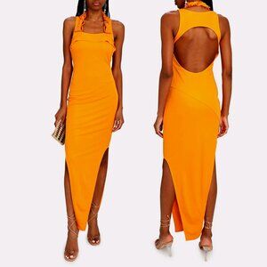 Helmut Lang Twist Maxi Dress Bead Embellished Square Neckline Orange